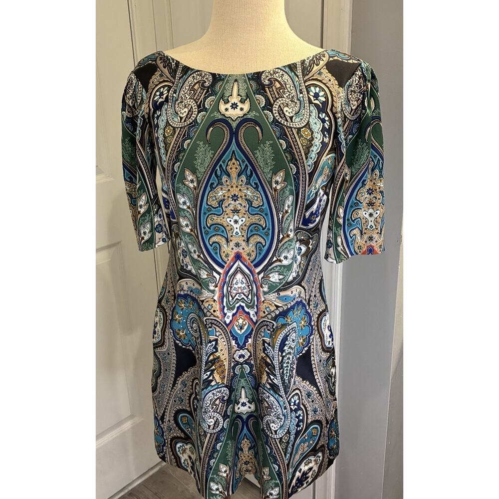 ERULLA Silk Blend Paisley Scarf Print Shift Dress - Size 2 - Multi-Color Boho
